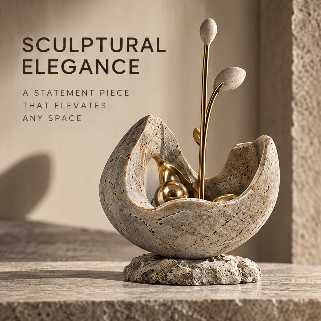Travertine Sprout Vessel & Golden Orbs Art