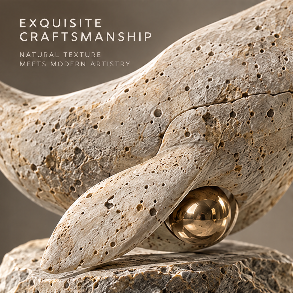 Travertine Whale & Gold Orb Decor Sculpture