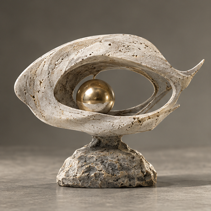 Travertine Eye & Golden Orb Decor Sculpture