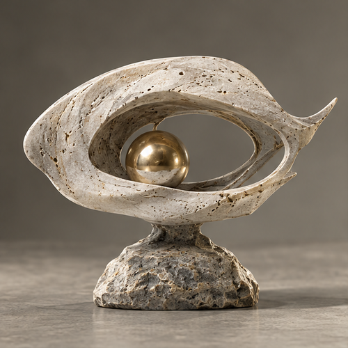 Travertine Eye & Golden Orb Decor Sculpture