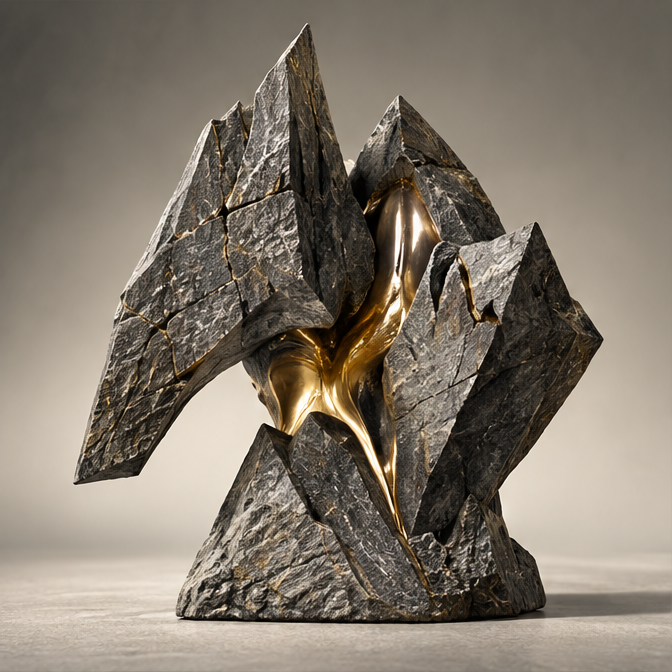 Fractured Stone & Molten Gold Art Sculpture