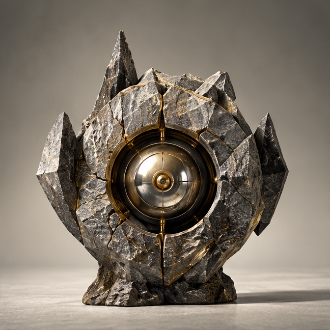 Chiseled Stone & Metallic Orb Art Sculpture