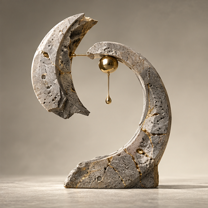 Travertine Arch & Golden Drop Art Sculpture