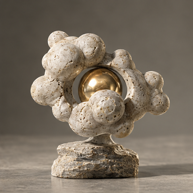 Cellular Travertine & Golden Orb Sculpture