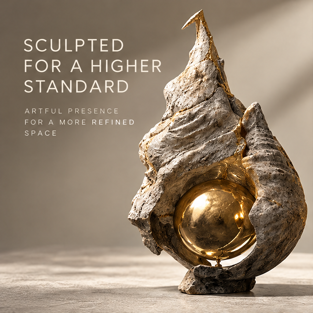 Spiral Geode Stone & Gold Orb Art Sculpture
