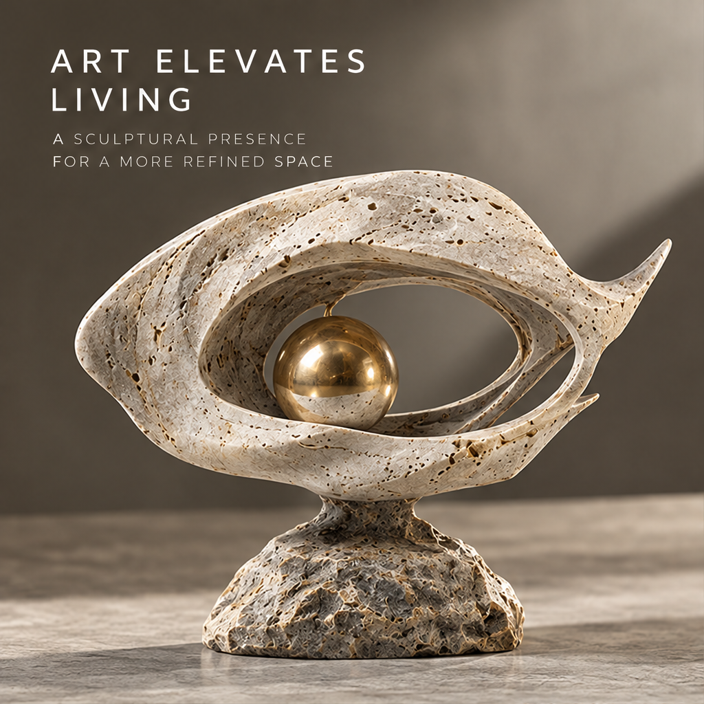 Travertine Eye & Golden Orb Decor Sculpture