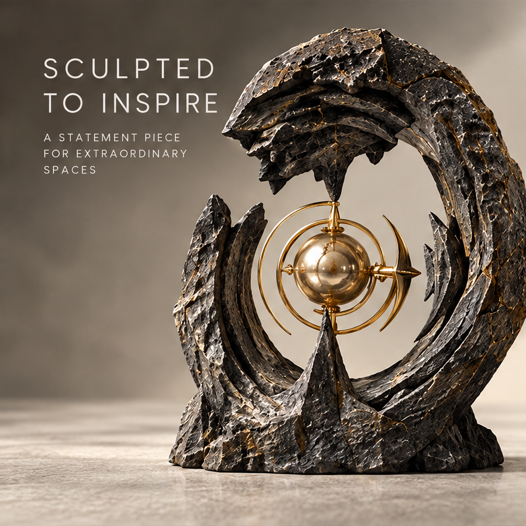 Crescent Stone & Orbital Gold Art Sculpture