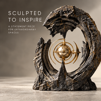 Crescent Stone & Orbital Gold Art Sculpture