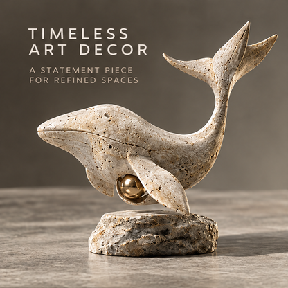 Travertine Whale & Gold Orb Decor Sculpture