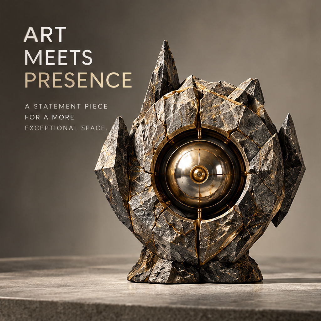 Chiseled Stone & Metallic Orb Art Sculpture