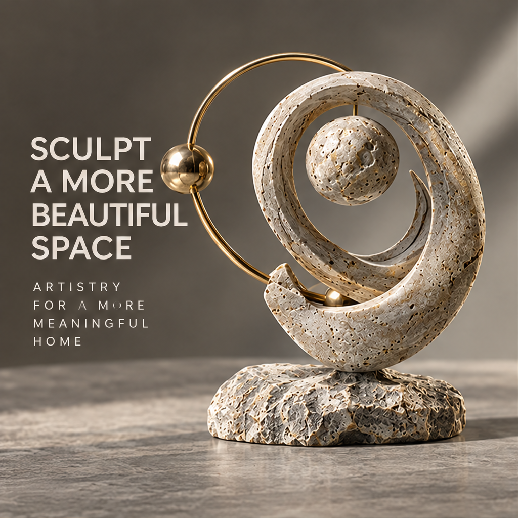 Spiral Stone & Golden Orbit Decor Sculpture