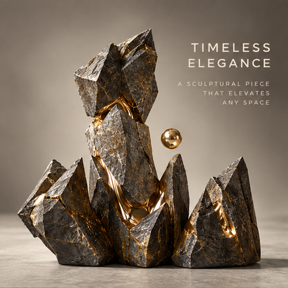 Floating Gold Orb & Raw Stone Art Sculpture