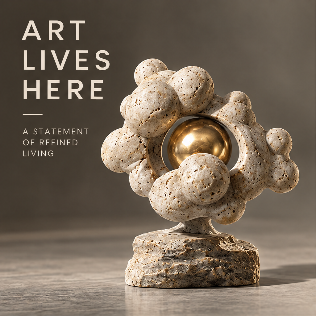 Cellular Travertine & Golden Orb Sculpture