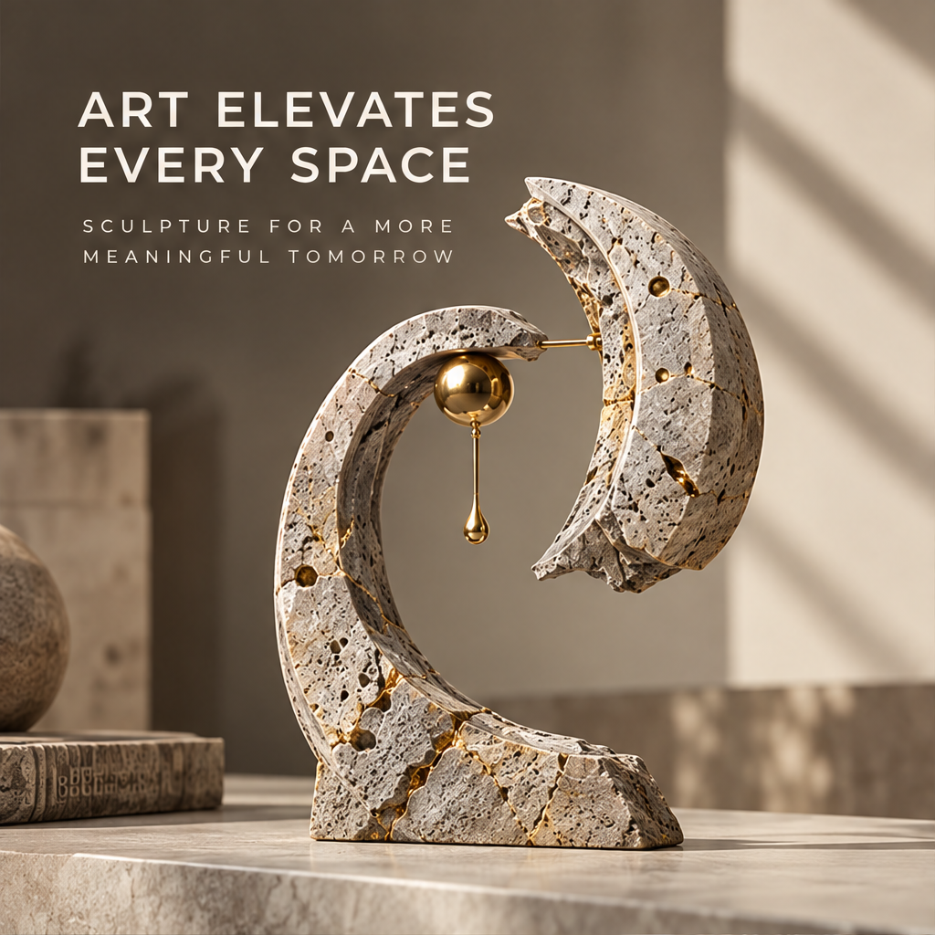 Travertine Arch & Golden Drop Art Sculpture