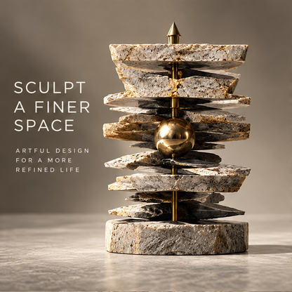 Tiered Stone Slabs & Gold Orb Art Sculpture