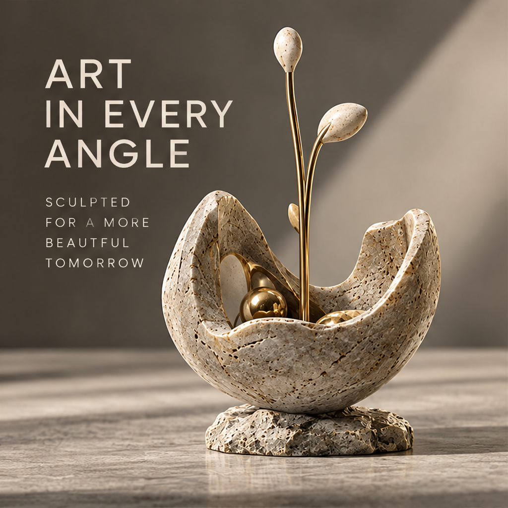 Travertine Sprout Vessel & Golden Orbs Art