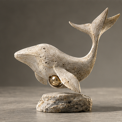 Travertine Whale & Gold Orb Decor Sculpture