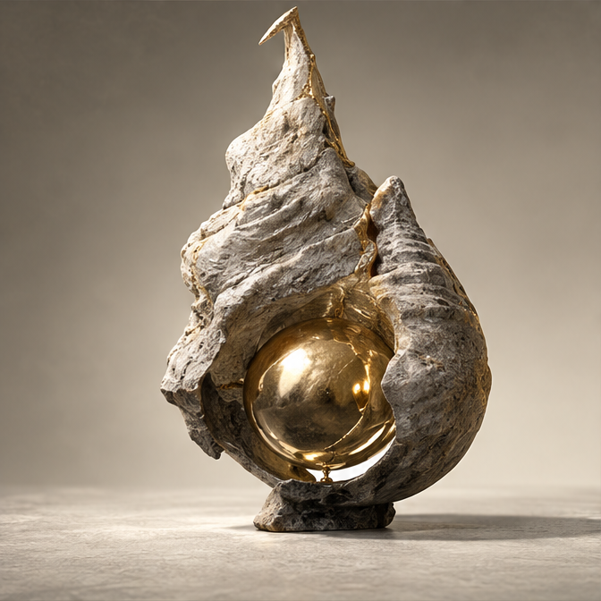 Spiral Geode Stone & Gold Orb Art Sculpture