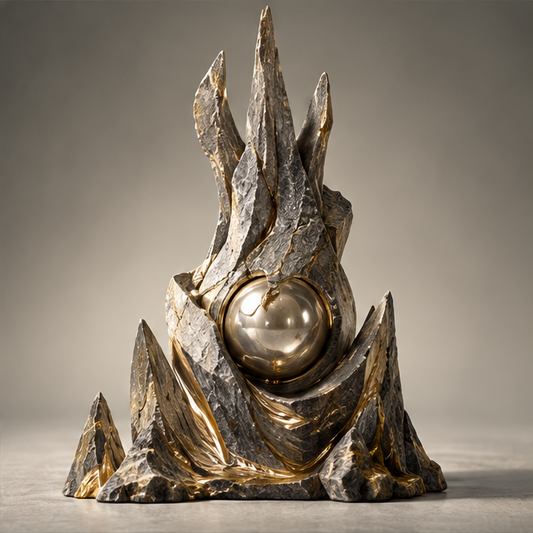 Spire Peak Stone & Golden Orb Art Sculpture