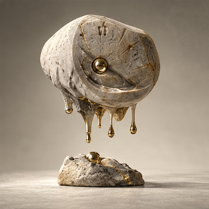 Levitating Stone & Dripping Gold Art Decor