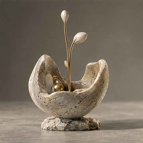 Travertine Sprout Vessel & Golden Orbs Art