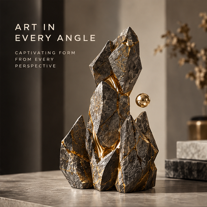 Floating Gold Orb & Raw Stone Art Sculpture