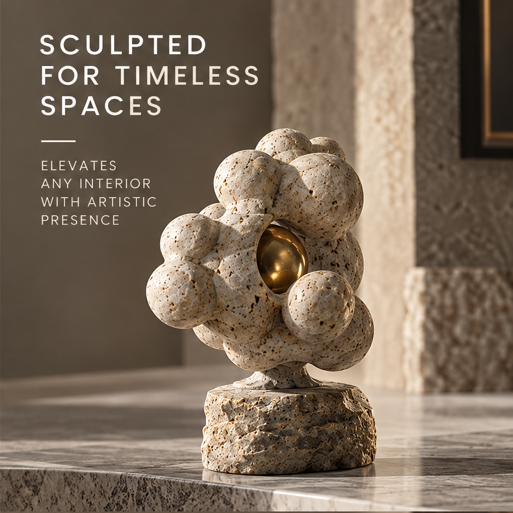 Cellular Travertine & Golden Orb Sculpture