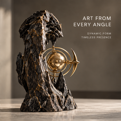 Crescent Stone & Orbital Gold Art Sculpture