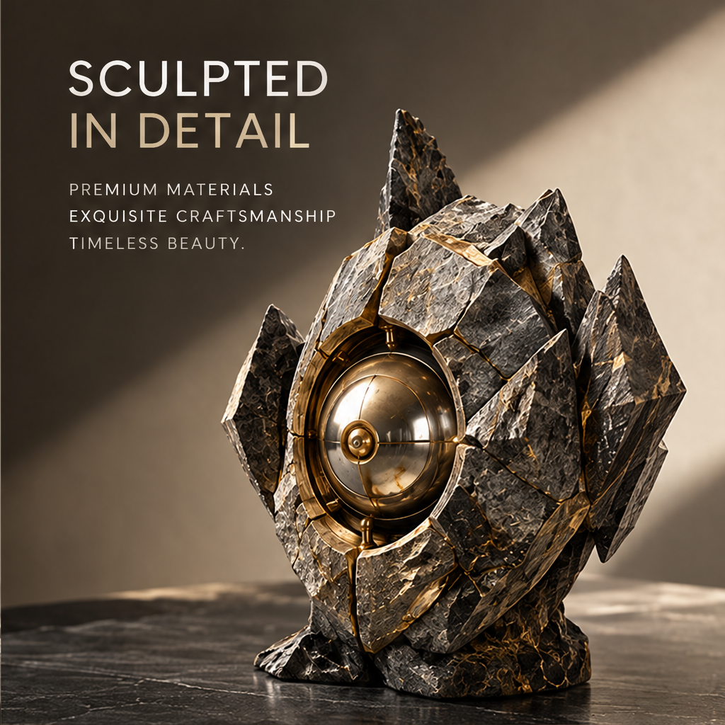 Chiseled Stone & Metallic Orb Art Sculpture