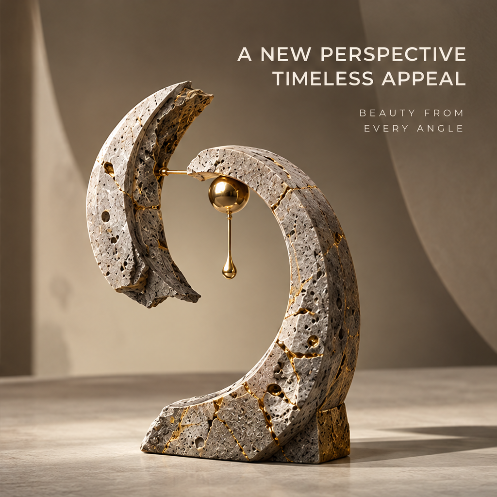 Travertine Arch & Golden Drop Art Sculpture