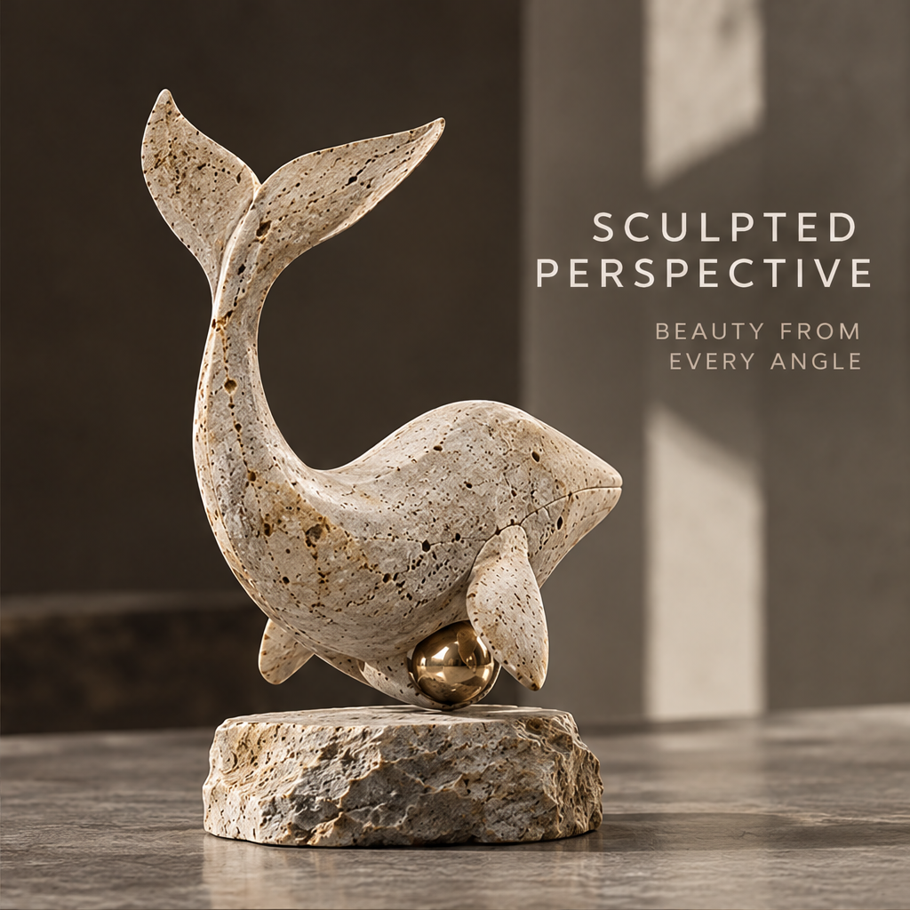 Travertine Whale & Gold Orb Decor Sculpture