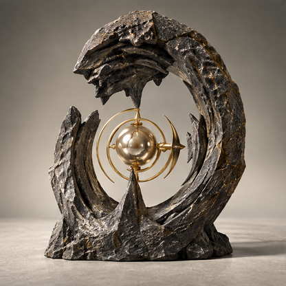 Crescent Stone & Orbital Gold Art Sculpture