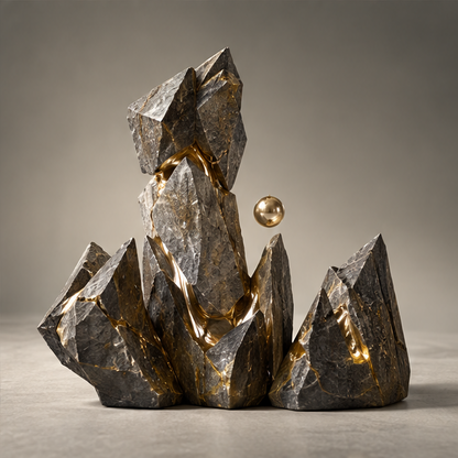 Floating Gold Orb & Raw Stone Art Sculpture