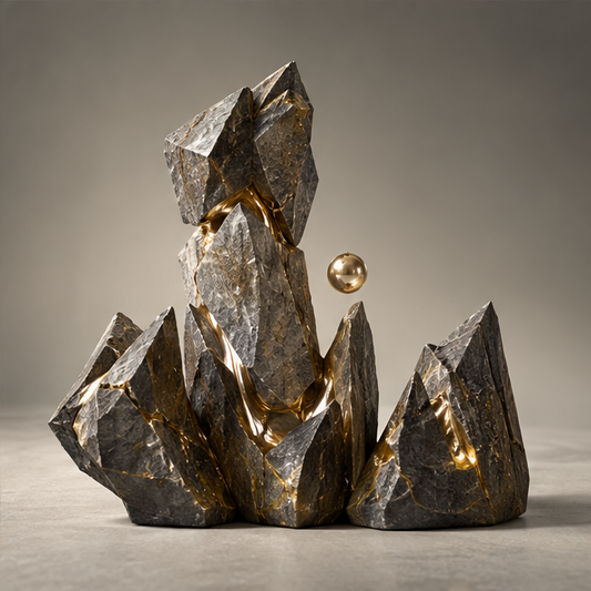 Floating Gold Orb & Raw Stone Art Sculpture