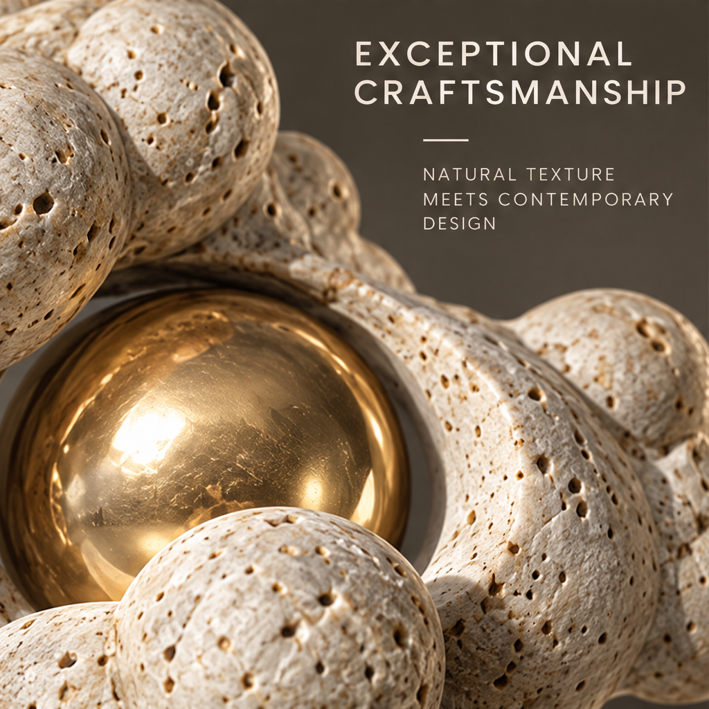 Cellular Travertine & Golden Orb Sculpture