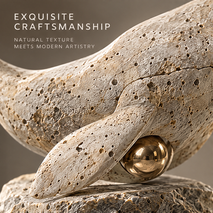 Travertine Whale & Gold Orb Decor Sculpture