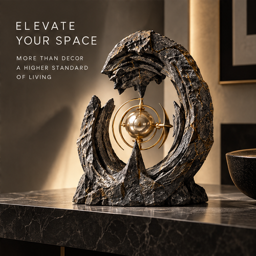Crescent Stone & Orbital Gold Art Sculpture