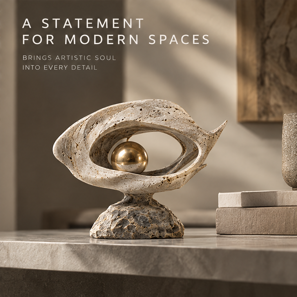 Travertine Eye & Golden Orb Decor Sculpture
