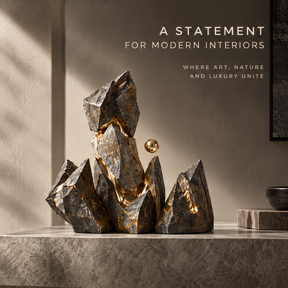 Floating Gold Orb & Raw Stone Art Sculpture