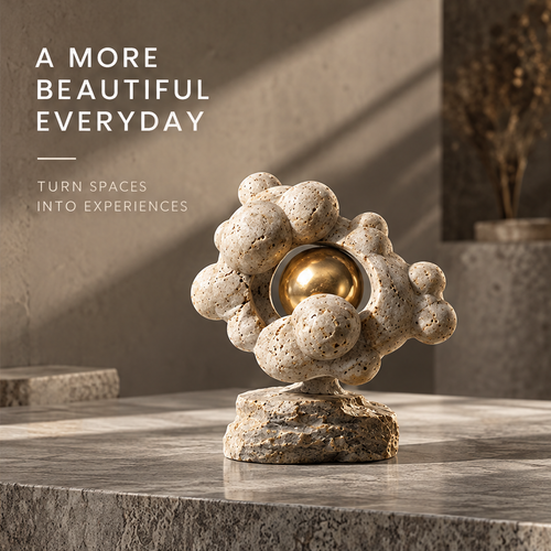 Cellular Travertine & Golden Orb Sculpture