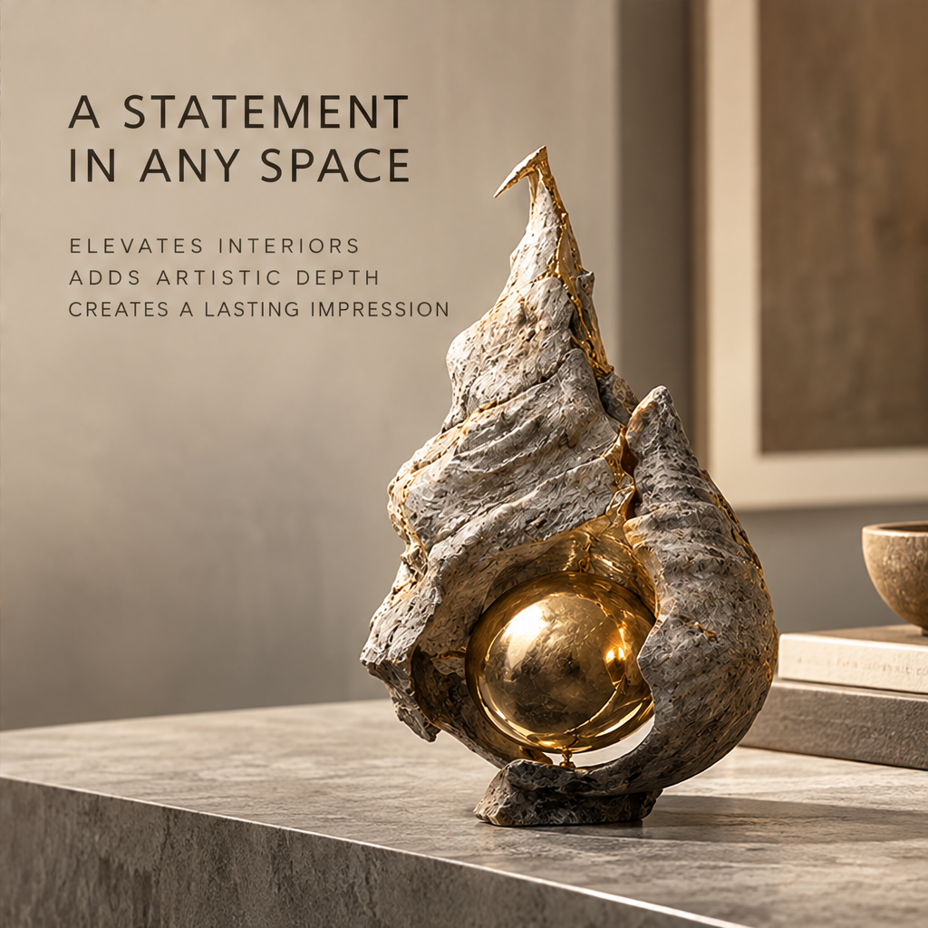 Spiral Geode Stone & Gold Orb Art Sculpture