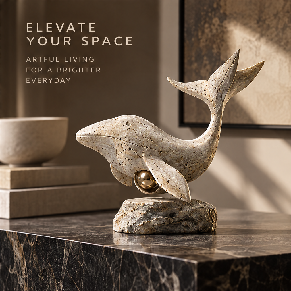 Travertine Whale & Gold Orb Decor Sculpture