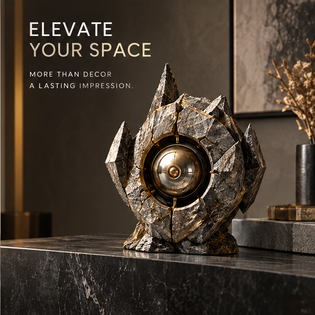 Chiseled Stone & Metallic Orb Art Sculpture