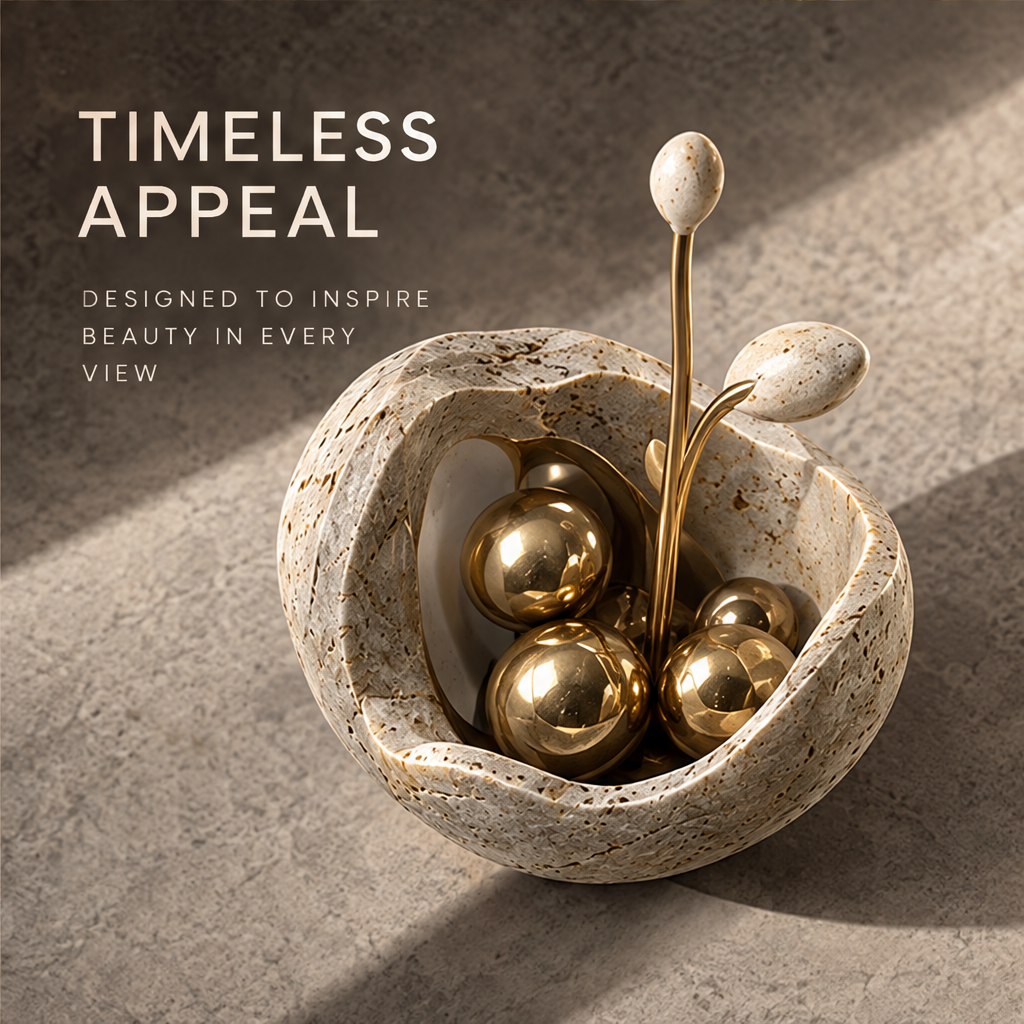 Travertine Sprout Vessel & Golden Orbs Art